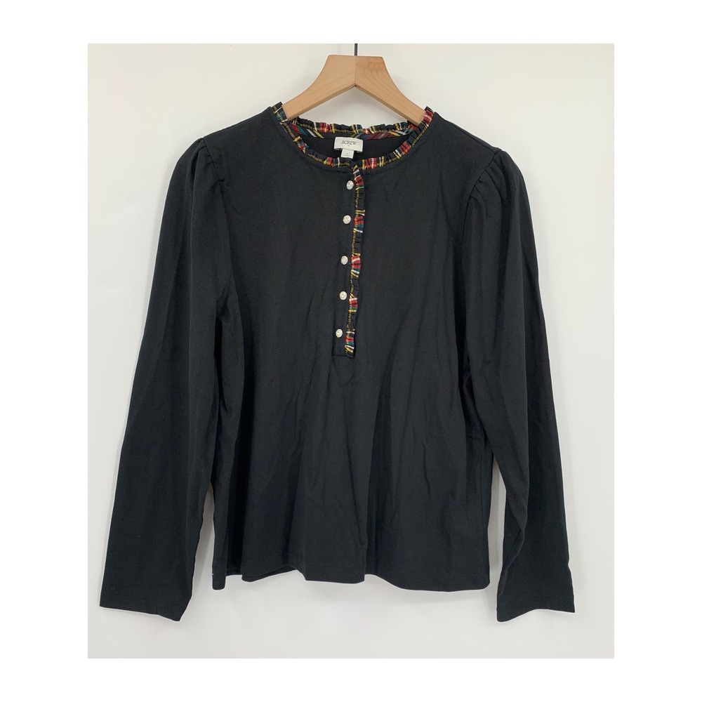 J Crew Shirt Womens Large Black Plaid Trim Puff Sleeve Cotton Christmas Holiday